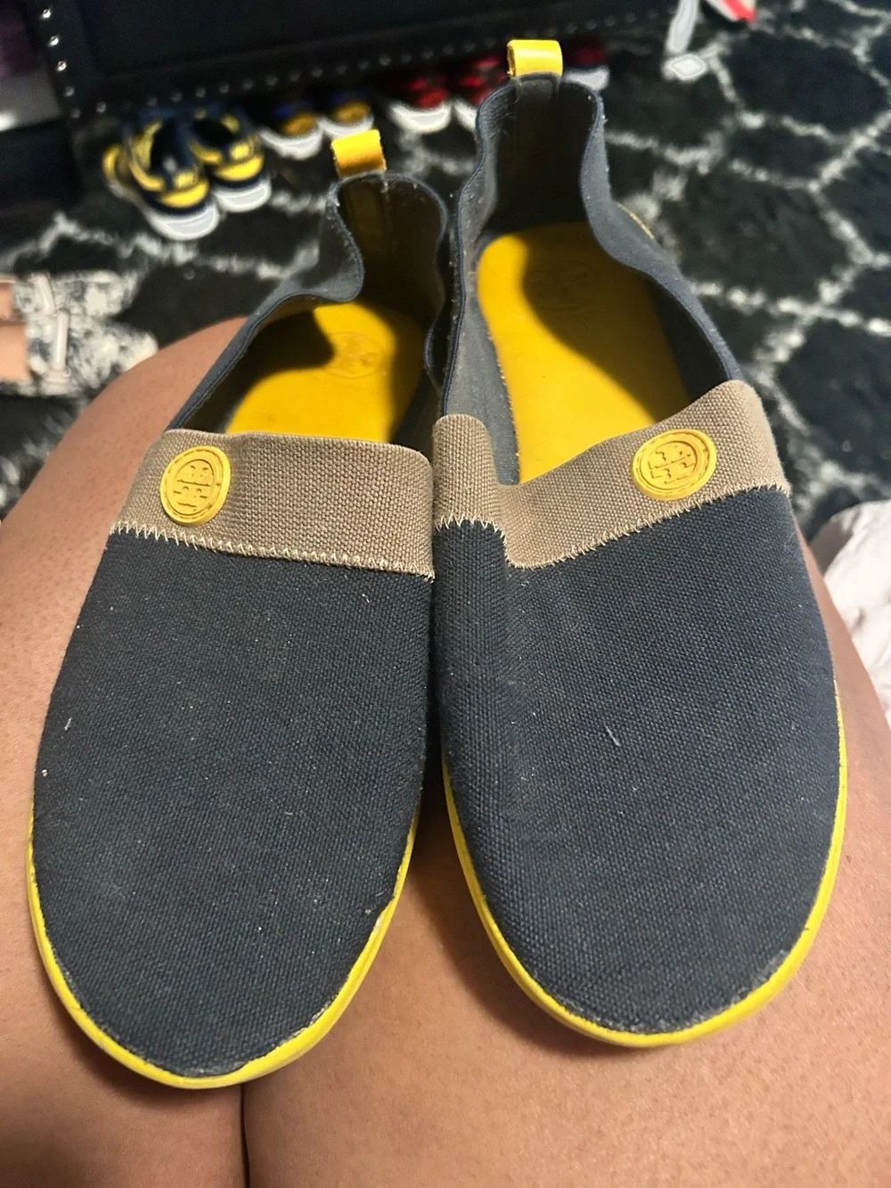Tory Burch Black and Yellow Slip-On Canvas Loafers